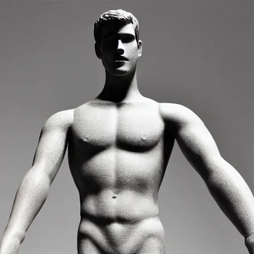 Image similar to “ a realistic detailed photo of a guy who is an attractive humanoid who is half robot and half humanoid, who is a male android, actor liam hemsworth, shiny skin, posing like a statue, blank stare, at the museum, on display ”