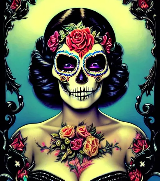 Prompt: a beautiful fancy skull lady by dan mumford and gil elvgren, sugar skull, hyperrealism, intricate details, exceptional, fool, high contrast