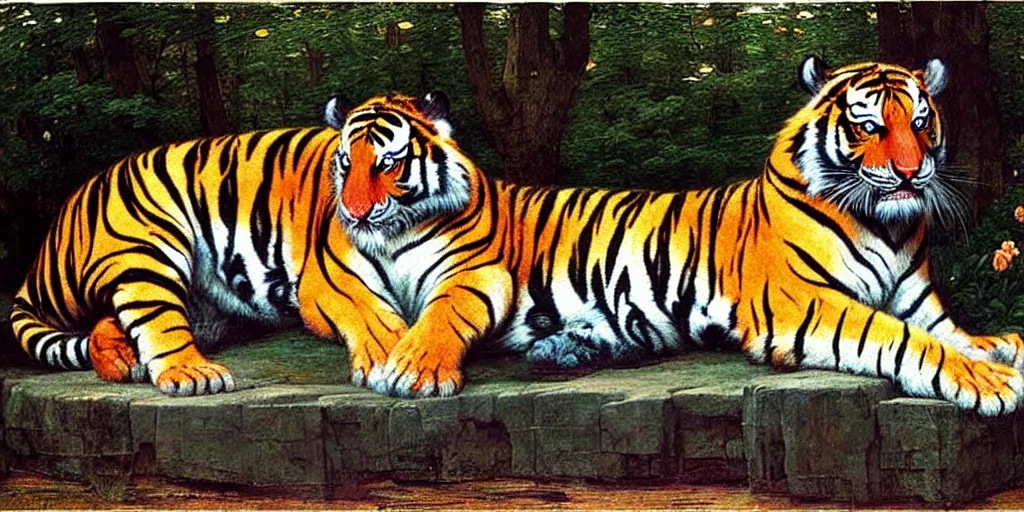 Image similar to 3 d precious moments plush tiger, realistic fur, landscape, < muted blue, peach, gray, brown, purple color scheme >, master painter and art style of john william waterhouse and caspar david friedrich and philipp otto runge