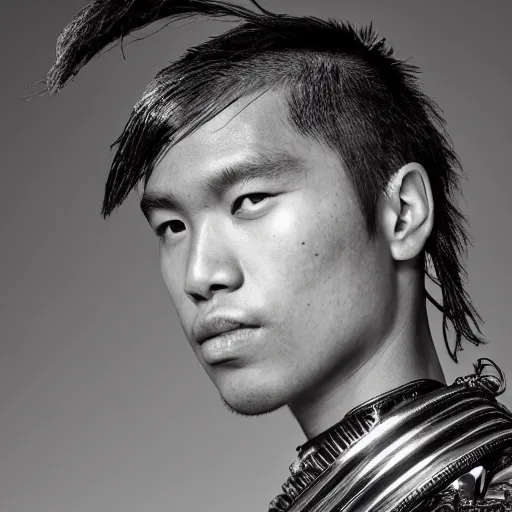 Image similar to a portrait of a beautiful young hawaiian male wearing an alexander mcqueen armor , photographed by andrew thomas huang, artistic