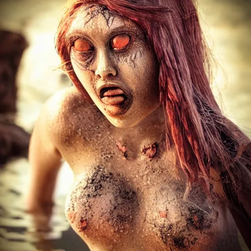 Prompt: a mermaid with horrific face cinematic low saturation close up shot