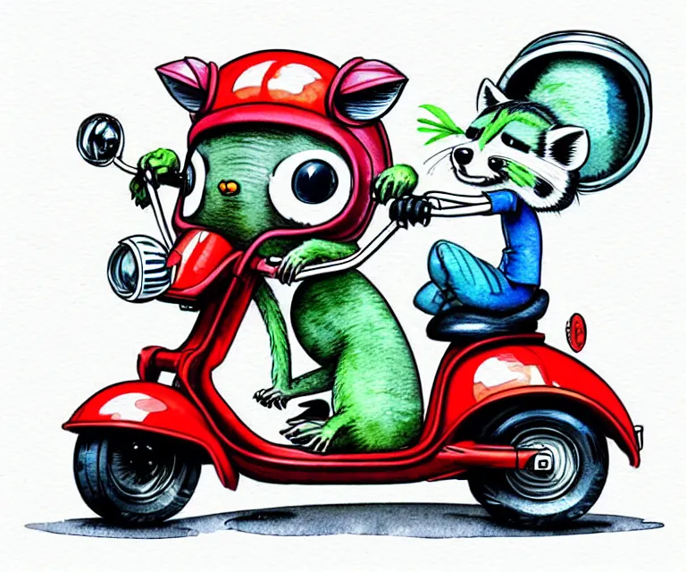 Image similar to cute and funny, racoon wearing a helmet riding in a tiny moped scooter with oversized engine, ratfink style by ed roth, centered award winning watercolor pen illustration, isometric illustration by chihiro iwasaki, edited by range murata