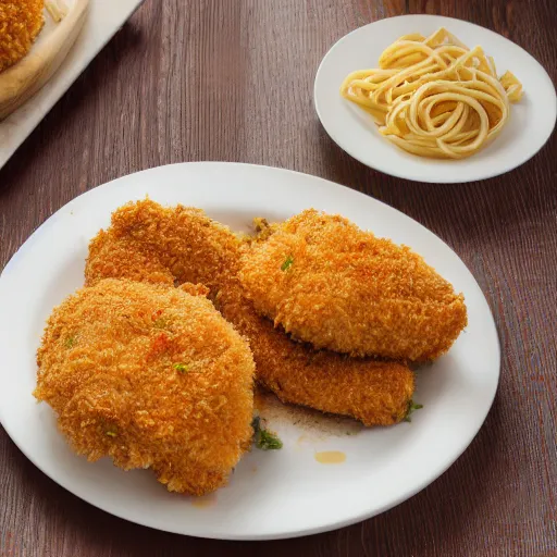 Image similar to photo of breaded chicken and sauce with pasta, professional, studio, 4 k
