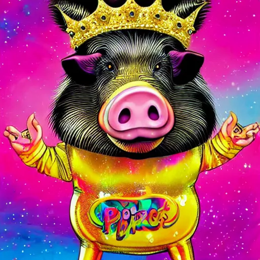 Image similar to lisa frank action pose pig wearing a gold crown holding pop can painting by android jones