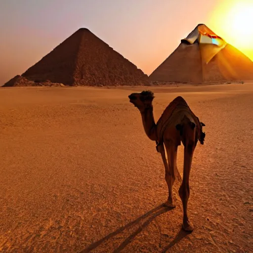 Image similar to photo a camel walking up the great pyramid, award winning, golden hour