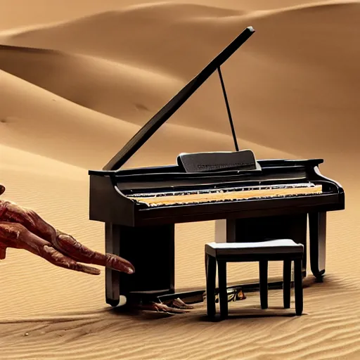 Prompt: UHD candid photo of The Mummy playing piano, with accurate wrappings, UHD, photorealistic, correct sand dune, real piano, photo by Annie Leibowitz