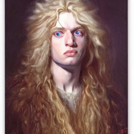 Image similar to a striking hyper real painting of Lucius the pretty pale androgynous albino prince, long fluffy curly light blond hair by Jan Matejko