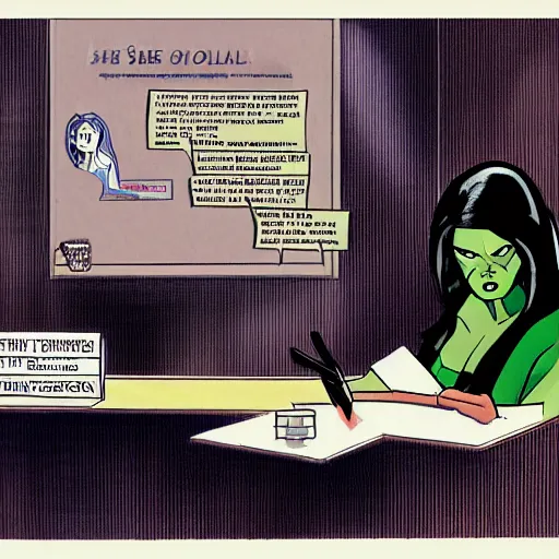 Image similar to she - hulk as a defense lawyer, courtroom sketch, marvel comics