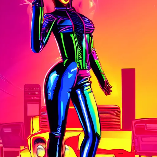 Image similar to synthwave cyberpunk girl wearing latex biker catsuit holding a molotolv sitting on a stack of speakers in the back of a blue 1967 chevy camero, in a neon city in the style of a comic book sunset city