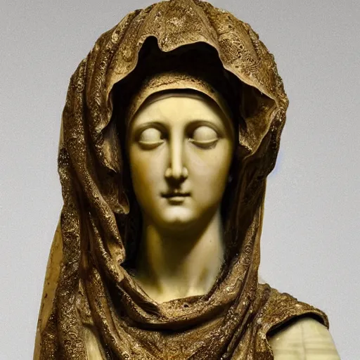 Prompt: a masterpiece marble sculpture of the veiled virgin, subsurface cracks, !dramatic !face, !female, covered in intricate !detailed golden !!streaked veil , physically based rendering, photo realistic, top light , dark background