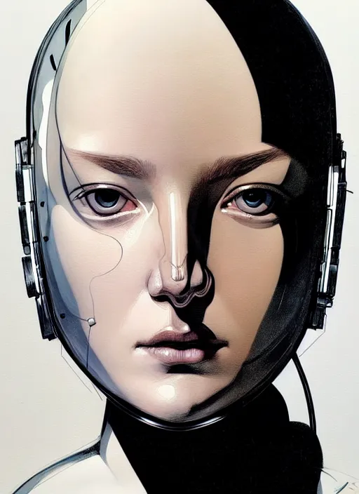 Image similar to artwork by james jean and Phil noto; a close up on the face of a beautiful woman that in a future space suit; wearing futuristic astronaut helmet; highly detailed; pretty eyes; circular black pupils; artwork by james jean and Phil noto