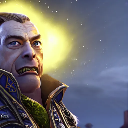 Image similar to nigel farage as a paladin in world of warcraft, splash art, movie still, cinematic lighting, dramatic, octane render, long lens, shallow depth of field, bokeh, anamorphic lens flare, 8 k, hyper detailed, 3 5 mm film grain