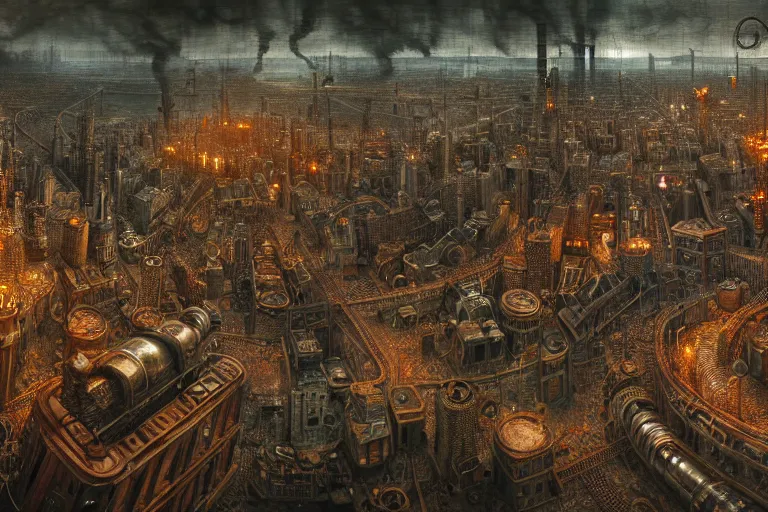 Prompt: an elaborate penned illustration of a apocalyptic intricate connected city of tubes and pipes, muted colors, copper pipers, by jan van haasteren and jheronimus bosch, unreal engine, physically based rendering, ariel view, tilt - shift, grim, moody, shiny, reflective, cinematic