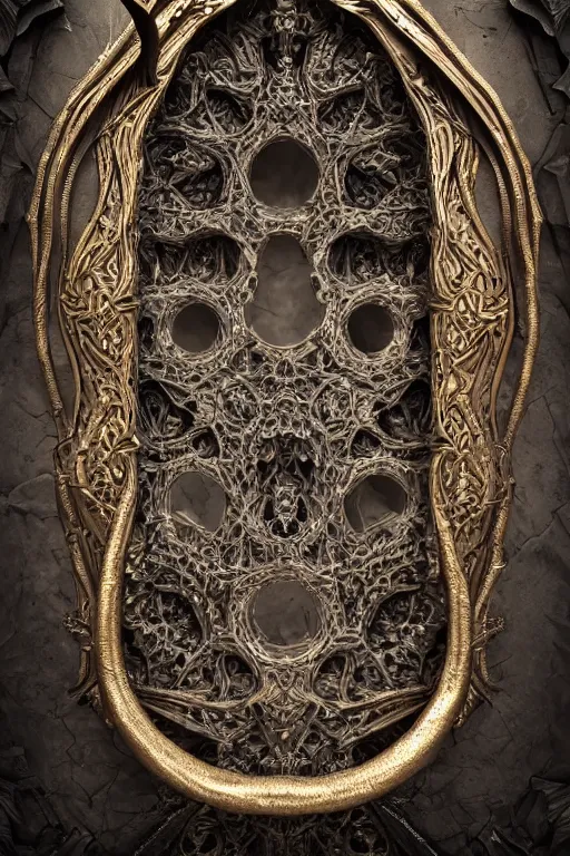 Image similar to extremely 3 d render detailed intricate ornate metallic bone carved concept art of hooded necromancer in front of a lovecraft portal