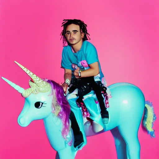 Prompt: lil pump riding a pink unicorn in space, cinestill 8 0 0 t, award winning photograph