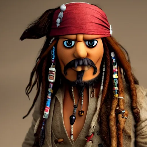 Image similar to A still of Jack Sparrow as a muppet, 4k, photograph, artstation, trending, award winning, epic lighting, featured