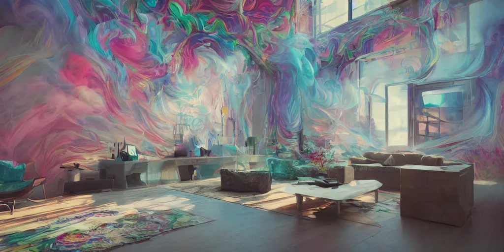 Prompt: a modern indoor room full of insane detailed colorfull smoke, clean architecture, pictures in the wall, pastel colored, intricate detailed 3 d render, hyper realistic intricate acrilic fluid art, intense colors, wide shot, octane render, concept art, daylight, peaceful, 8 k