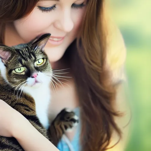 Image similar to a photo of a beautiful young woman holding a cat, ultra high detail, 8 k, award winning photograph.