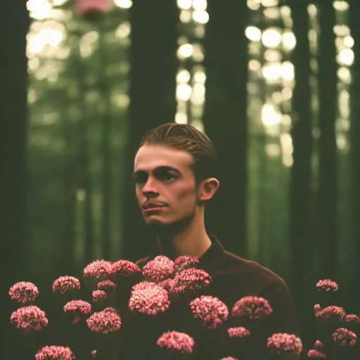 Image similar to close up kodak portra 4 0 0 photograph of a skinny guy standing in dark forest, face covered in flowers, moody lighting, telephoto, 9 0 s vibe, blurry background, vaporwave colors, faded!,