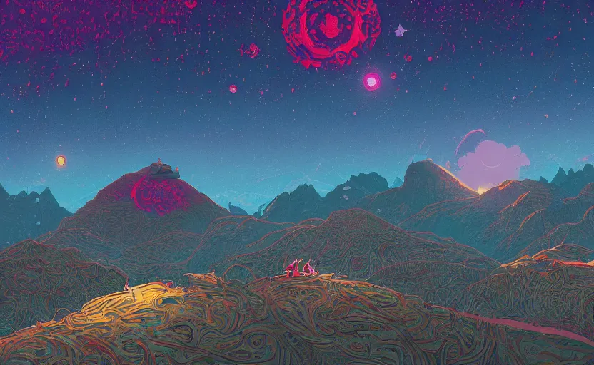 Image similar to mountains, stars and paisley filled sky, artstation, intricate, highly detailed, digital painting, concept art, sharp focus, illustration by Simon Stalenhag and Kilian Eng