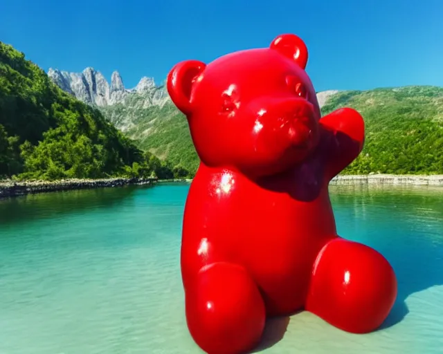 Prompt: a giant sculpture of a giant gummy bear on the water, award winning, hyper - realistic, very detailed, realistic water, ray tracing, 8 k resolution, long - shot, sharp focus, low angle, 8 5 mm photograph, wide lens