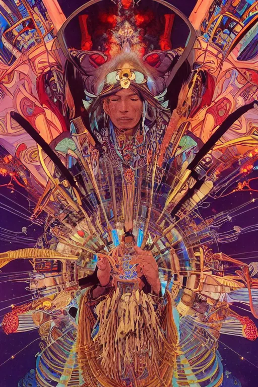 Prompt: serene scene of a futuristic apache medicine man telling stories around an electronic fire, by artgerm and yoshitaka amano and moebius and alphonse mucha, hyperdetailed, dc comics, ornate, nebula, explosions in the sky, trending on artstation