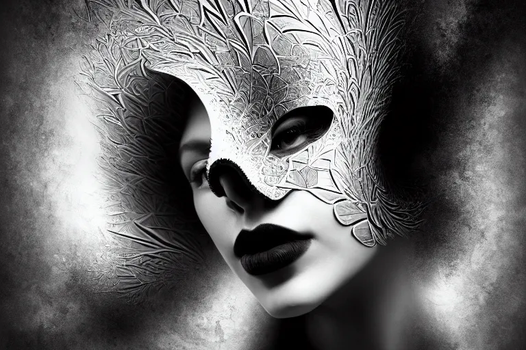 Image similar to portrait of a young beautiful woman with a mask. contemporary photograph, speed painting, fractal, mandelbulb. black and white. intricate, elegant, super highly detailed, professional digital painting, artstation, concept art, smooth, sharp focus, no blur, no dof, extreme illustration, Unreal Engine 5, Photorealism, HD quality, 8k resolution, cinema 4d, 3D, beautiful, cinematic, art by artgerm and greg rutkowski and alphonse mucha and loish and WLOP