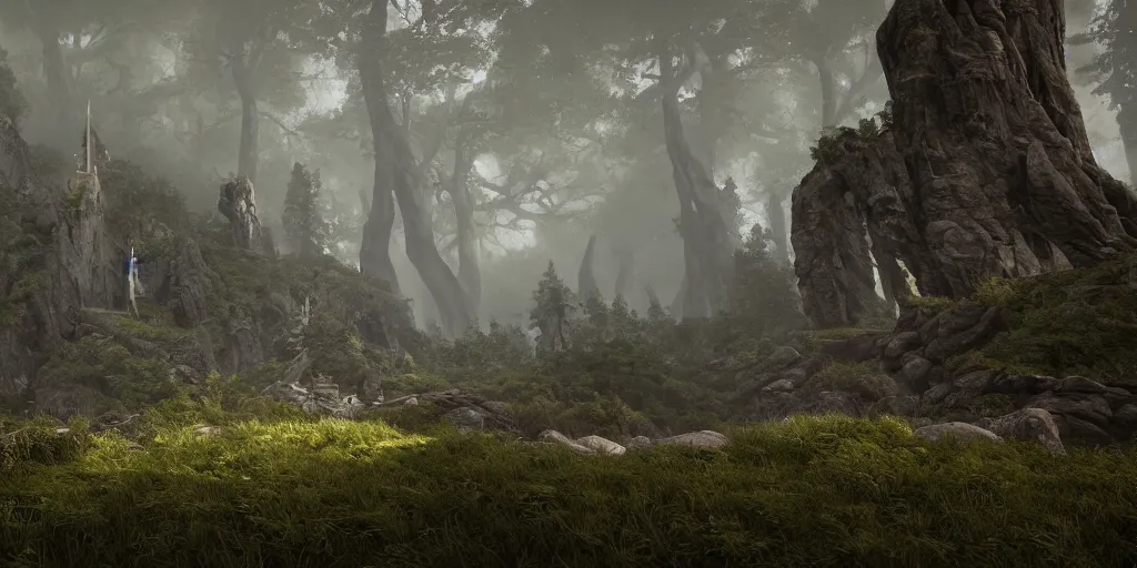 Prompt: cinematic, concept art, hyper realistic, symbolism, an elven temple in the mountains, detailed trees and cliffs, misty, foggy, depth of field, 8k, 35mm film grain, unreal engine 5 render