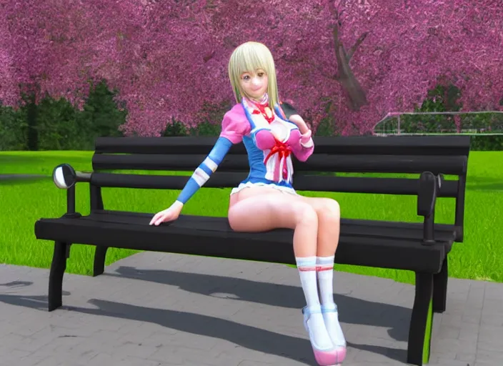 Prompt: 3D render of Marie Rose from Dead or Alive sitting on a park bench