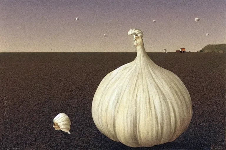 Prompt: a humanoid garlic is yelling mothership down, when the birds returned the next morning they were furious to find that their prisoner had escaped, a darkest academia alex colville painting