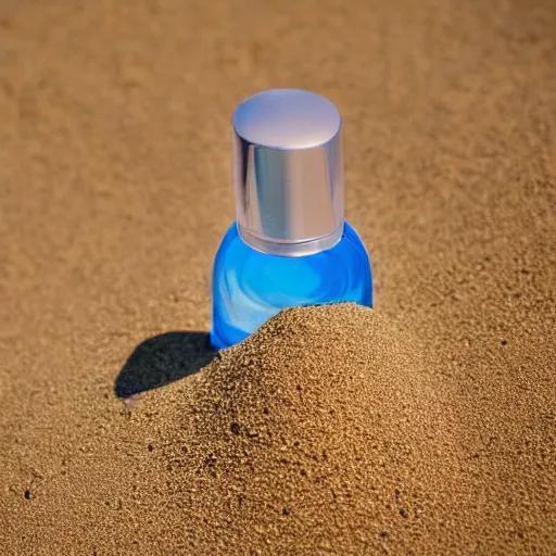 Prompt: bright perfume bottle sitting on a small mountain of clean desert sand, close up shot, upfront, with sunny bright blue sky and clouds in the background, softly - lit, soft - warm, zen, light, modern minimalist f 2 0 clean