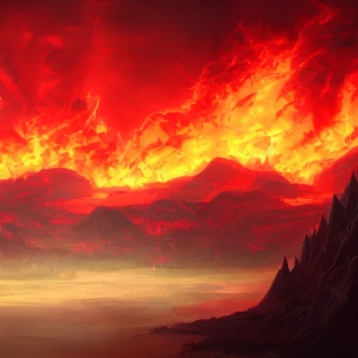 Prompt: A firey inferno hell by Noah Bradley, matte painting, Trending on Artstation, DSLR, red color scheme