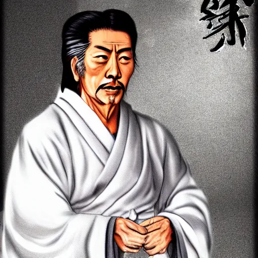 Prompt: Miyamoto Musashi, 75 years old, wearing a white robe, grey beard, digital art