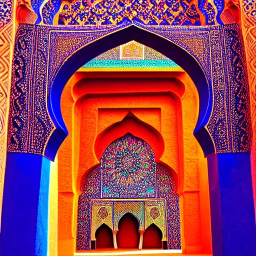 Image similar to cosmic cathedral created by the gods, large ( ( ( ( muqarnas ) ) ) ) beautiful moroccan colors, bold architecture, detailed, 4 k