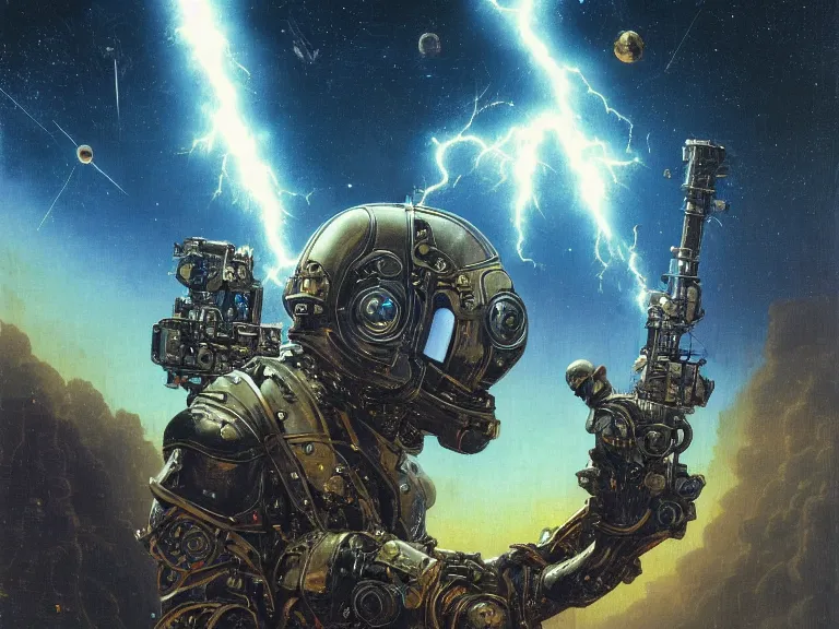 Image similar to a detailed profile oil painting of a lone bountry hunter in a space armour with reflective helmet, cinematic sci-fi poster. technology flight suit, bounty hunter portrait symmetrical and science fiction theme with lightning, aurora lighting clouds and stars by beksinski carl spitzweg and tuomas korpi. baroque elements, full-length view. baroque element. intricate artwork by caravaggio. Trending on artstation. 8k