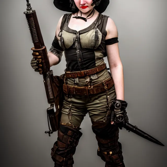 Image similar to full length photo of a very beautiful female dieselpunk warrior, 8 k, hdr, smooth, sharp focus, high resolution, award - winning photo