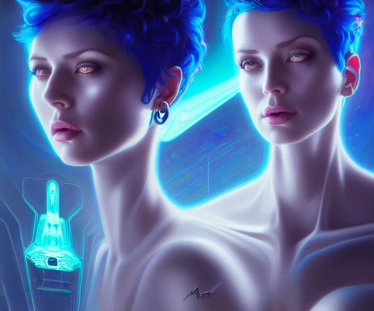 Image similar to beauty woman with short blue hair in holograms of alien artifacts, electrical case display, total recall tech, ultrarealistic, dramatic lighting, electrical details, high details, 4k, 8k, best, accurate, trending on artstation, artstation, photorealism, ultrarealistic, digital painting, style of Peter Mohrbacher, Caravaggio, Boris Vallejo