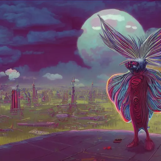 Image similar to 8K headshot Portrait of centered chest up of a psychedelic godlike mothman with giant mandala wings smoking a hand-rolled cigarette smoking heavily , magic mushroom village in background , post-processing , award winning. superb resolution. in the art style of Satoshi Kon and Greg Rutkowski . Detailed Mushroom city in background. Hyper realistic anime. Perfect art. Dalle2