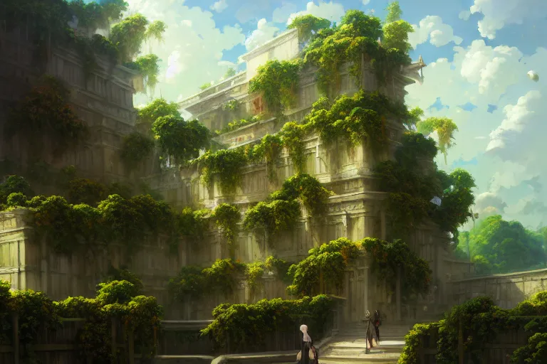 Prompt: baroque oil painting of anime key visual environment concept art of hanging gardens of babylon, brutalist, dark fantasy, rule of thirds, cinematic lighting, fake hidden detail, trending on pixiv fanbox, acrylic palette knife and brush, style of makoto shinkai studio ghibli genshin impact jamie wyeth james gilleard greg rutkowski