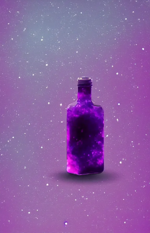 Prompt: purple liquid inside a bottle, universe background, minimalist artwork,