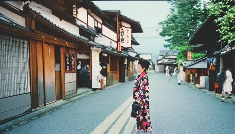Image similar to 1 9 9 0 s candid 3 5 mm photo of a beautiful day in the a dreamy street in takayama japan designed by gucci, cinematic lighting, cinematic look, golden hour, the clouds are epic and colorful with cinematic rays of light, a girl walks down the center of the street in a gucci kimono, photographed by petra collins, uhd