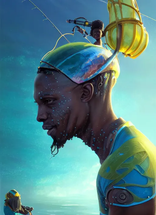 Image similar to portrait of a male jamaican fisherman sci - fi glowing fishing armor fishing rod cyberpunk muscular intricate elegant highly detailed digital painting artstation concept art, ocean background, reggae colors, cinematic, greg rutkowski, loish, rhads, ferdinand knab, makoto shinkai and lois van baarle, ilya kuvshinov, rossdraws, tom bagshaw