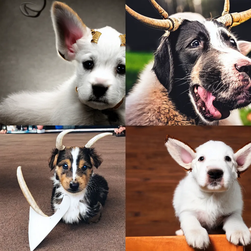 Prompt: detailed photograph of adorable puppy with rams horns