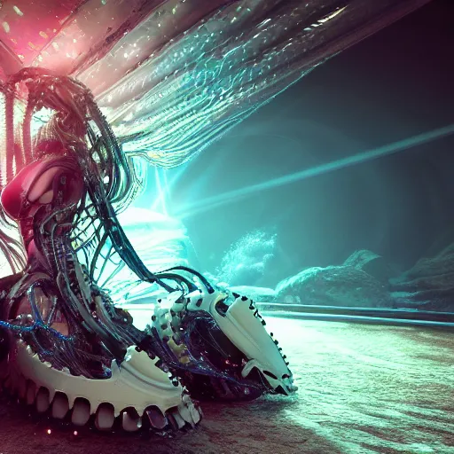 Image similar to biomechanical mecha white mermaid underwater, rays of light. Style of westworld, cables, lights, searchlight, weta digital, octane render, insane details, ultra realistic, beatifully lit, reflections