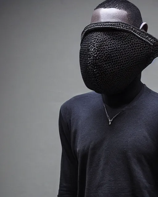 Image similar to Yeezy designed covid mask, model, studio photography, clothing drop, unreleased, Yzy, YZY GAP, Balenciaga, minimalist, dystopian feel