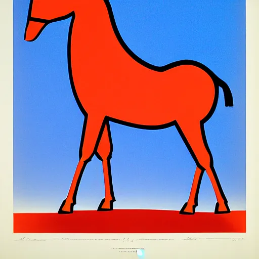 Image similar to lithograph side view of standing donkey against white background, duotone, cycladic sculptural style, full body, flat colors, iconic, simplified, ultramarine blue and red iron oxide