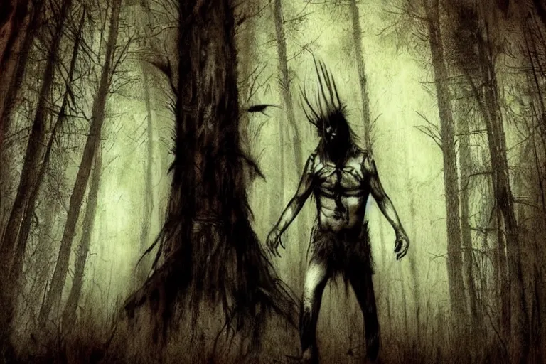 Image similar to mad native american skinwalker in grim forest artwork by ben templesmith