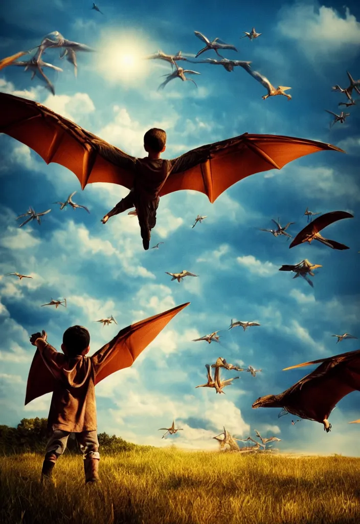 Prompt: a child looking at a pterodactyle flying in the sky in the style of a movie poster, realistic, super detailed, cinematographic, epic lighting