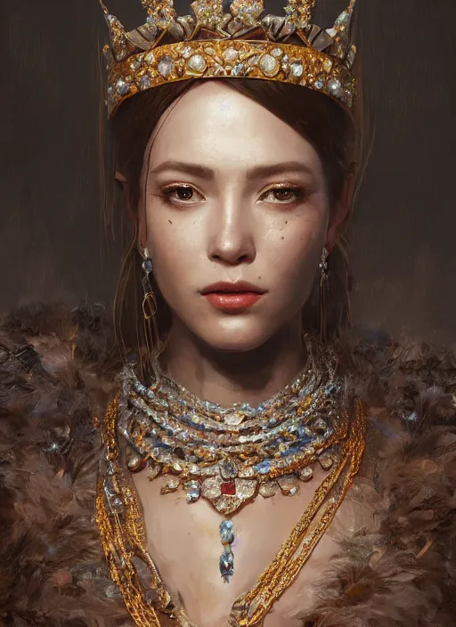 Prompt: A fancy portrait of a beautiful queen covered in jewelry by Greg Rutkowski, Sung Choi, Mitchell Mohrhauser, Maciej Kuciara, Johnson Ting, Maxim Verehin, Peter Konig, Bloodborne, 8k photorealistic, cinematic lighting, HD, high details, dramatic, atmospheric , trending on artstation