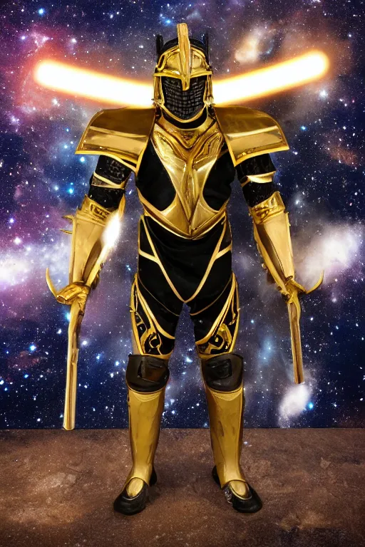 Prompt: galaxy warrior wearing gold and black armor